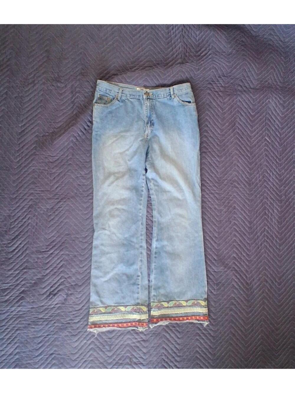Vintage Y2k 90s Arizona Women’s Raw Hem Flared Boho Paisley Jeans Juniors Sz 13